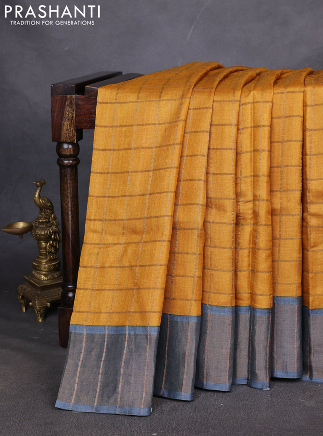 Pure tussar silk saree mustard yellow and grey with allover zari checked pattern and zari woven border