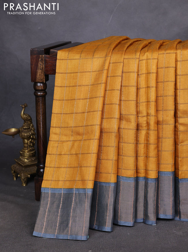 Pure tussar silk saree mustard yellow and grey with allover zari checked pattern and zari woven border