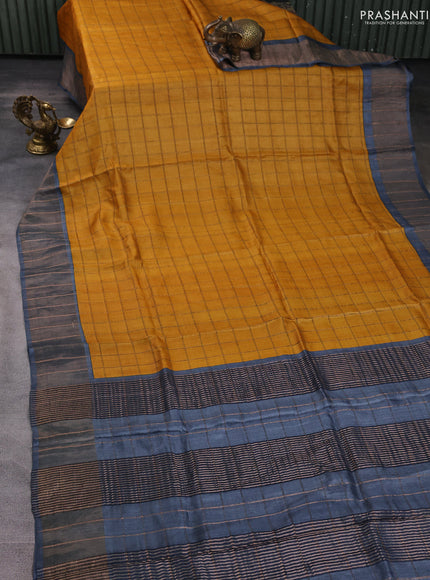 Pure tussar silk saree mustard yellow and grey with allover zari checked pattern and zari woven border