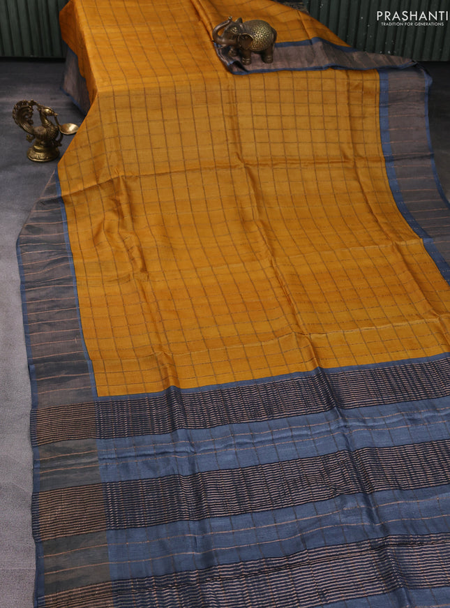 Pure tussar silk saree mustard yellow and grey with allover zari checked pattern and zari woven border