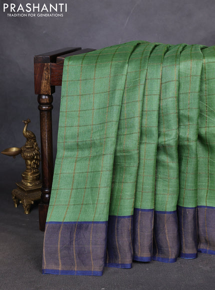 Pure tussar silk saree green and blue with allover zari checked pattern and zari woven border