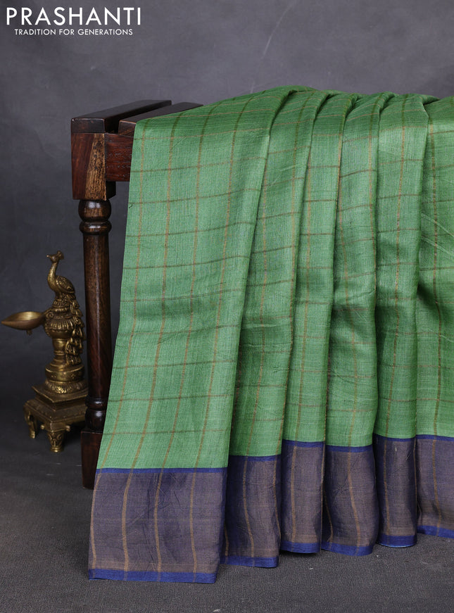 Pure tussar silk saree green and blue with allover zari checked pattern and zari woven border