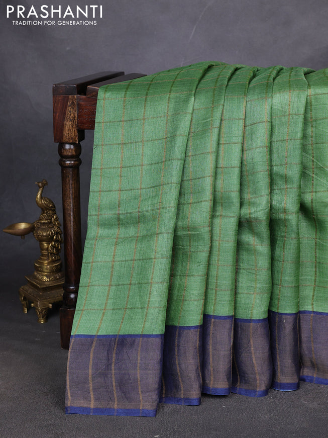 Pure tussar silk saree green and blue with allover zari checked pattern and zari woven border