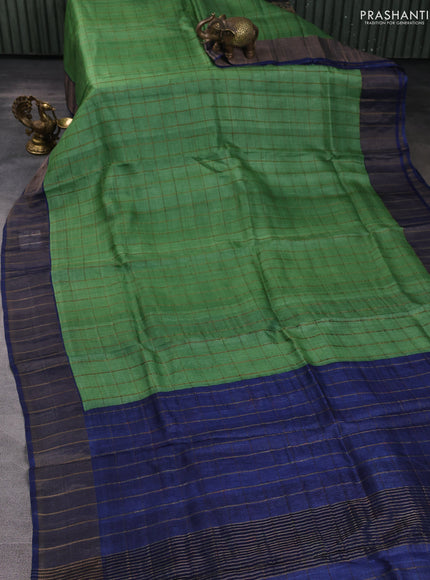 Pure tussar silk saree green and blue with allover zari checked pattern and zari woven border