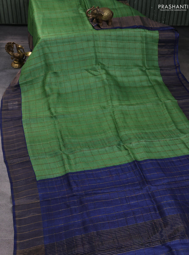 Pure tussar silk saree green and blue with allover zari checked pattern and zari woven border
