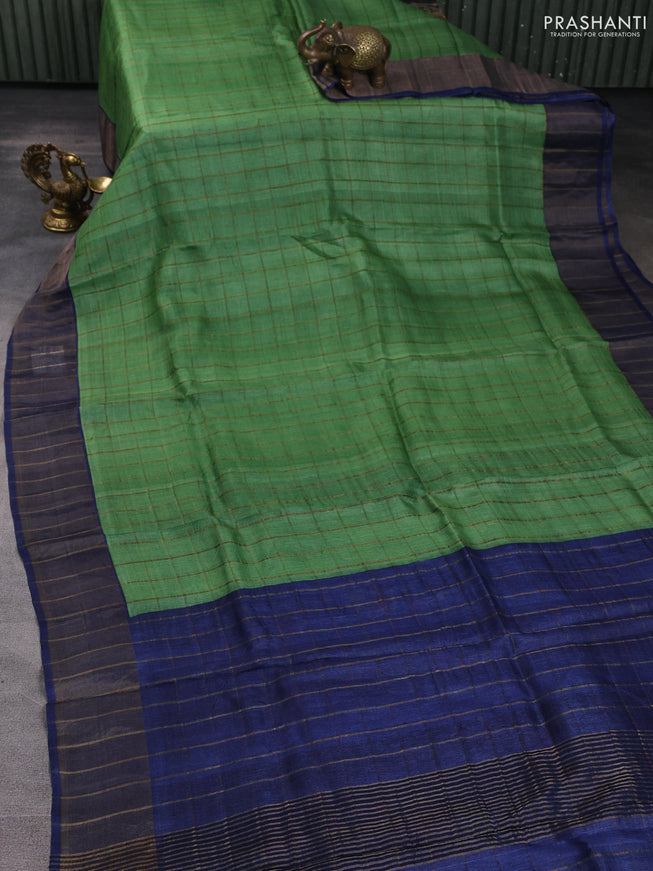 Pure tussar silk saree green and blue with allover zari checked pattern and zari woven border