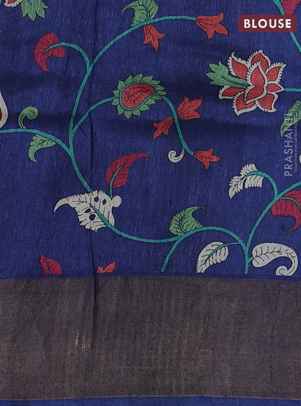 Pure tussar silk saree green and blue with allover zari checked pattern and zari woven border