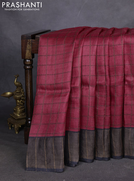 Pure tussar silk saree red and black with allover zari checked pattern and zari woven border