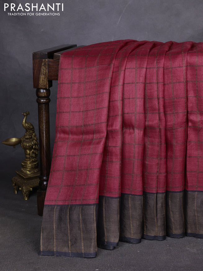 Pure tussar silk saree red and black with allover zari checked pattern and zari woven border