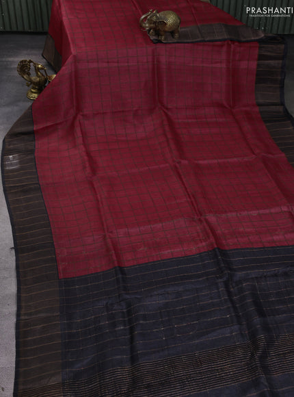 Pure tussar silk saree red and black with allover zari checked pattern and zari woven border