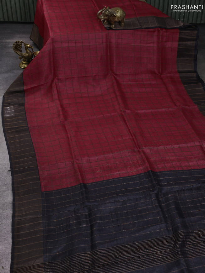 Pure tussar silk saree red and black with allover zari checked pattern and zari woven border