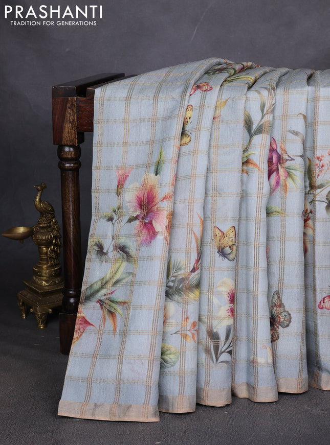 Pure tussar silk saree pastel grey with allover zari checks & buttas and zari woven border