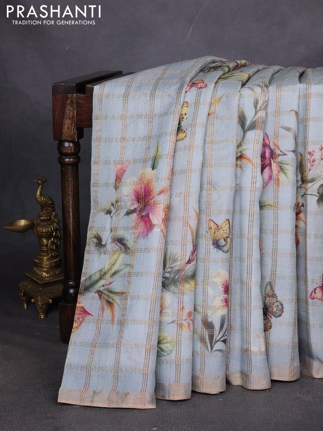 Pure tussar silk saree pastel grey with allover zari checks & buttas and zari woven border
