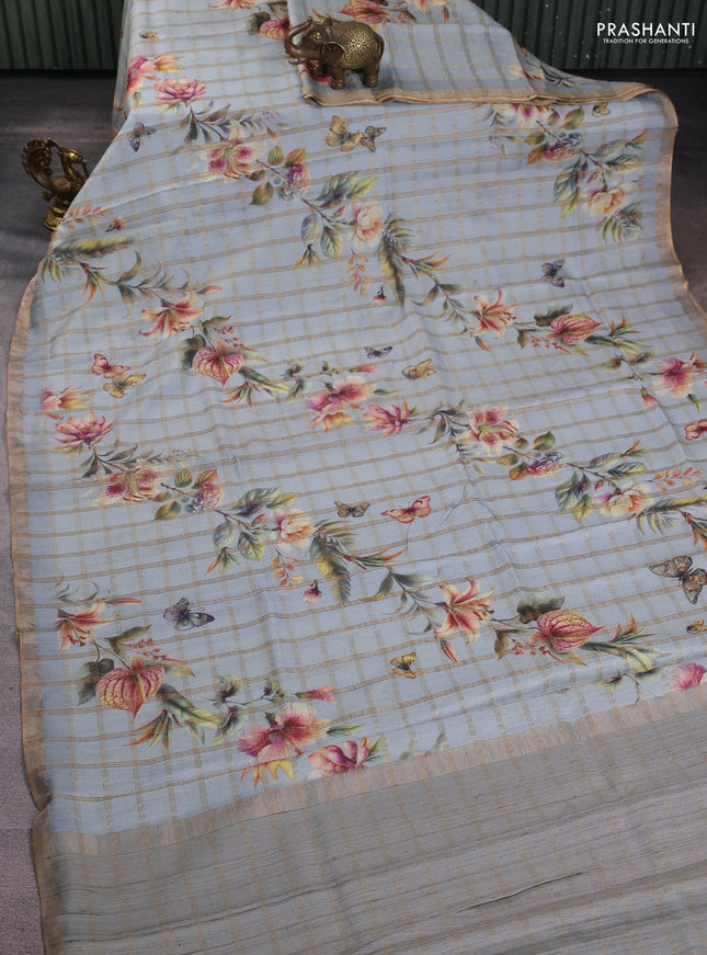 Pure tussar silk saree pastel grey with allover zari checks & buttas and zari woven border