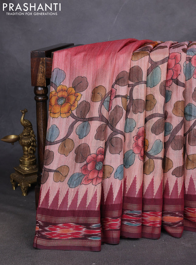 Pure tussar silk saree peach and maroon with allover Kalamkari prints and vidharbha border