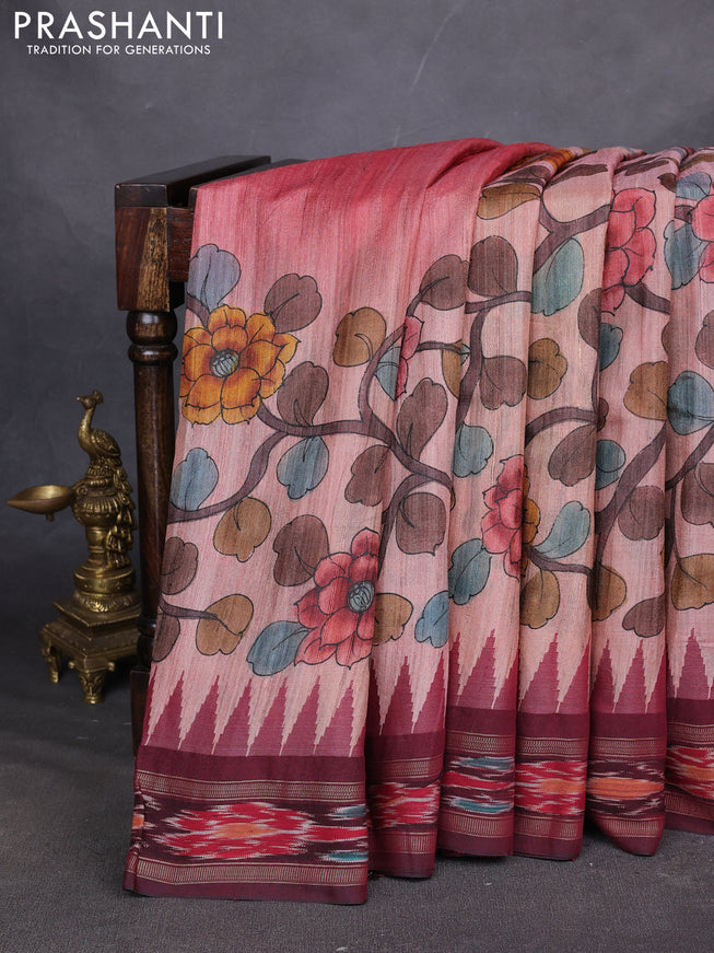 Pure tussar silk saree peach and maroon with allover Kalamkari prints and vidharbha border