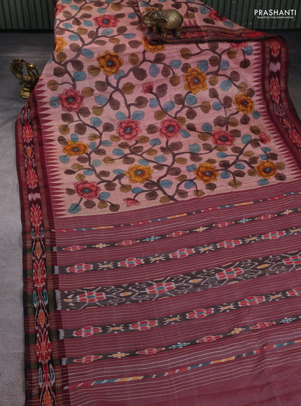 Pure tussar silk saree peach and maroon with allover Kalamkari prints and vidharbha border