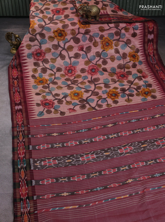 Pure tussar silk saree peach and maroon with allover Kalamkari prints and vidharbha border