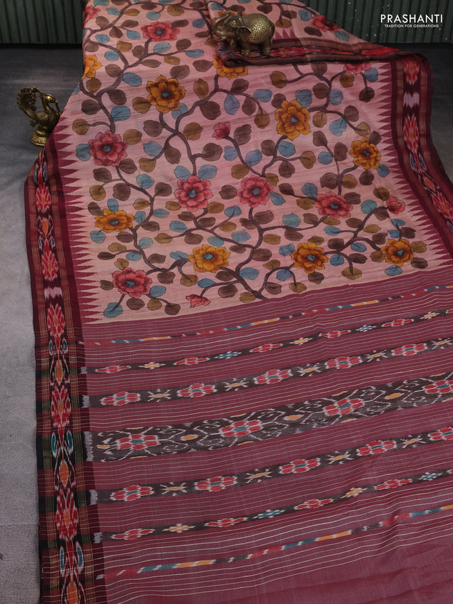 Pure tussar silk saree peach and maroon with allover Kalamkari prints and vidharbha border
