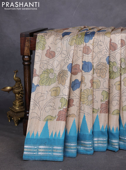 Pure tussar silk saree beige and teal blue with allover Kalamkari prints and vidharbha border