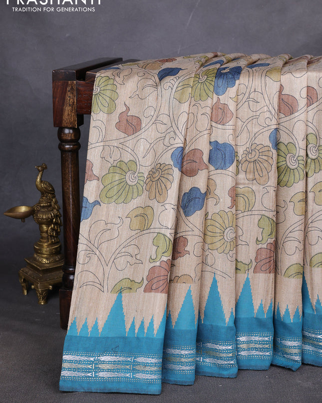 Pure tussar silk saree beige and teal blue with allover Kalamkari prints and vidharbha border