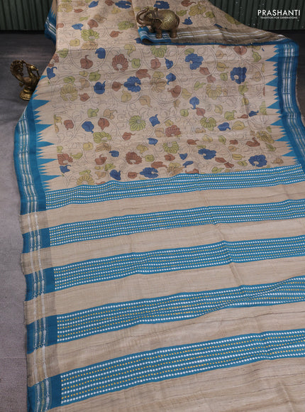 Pure tussar silk saree beige and teal blue with allover Kalamkari prints and vidharbha border