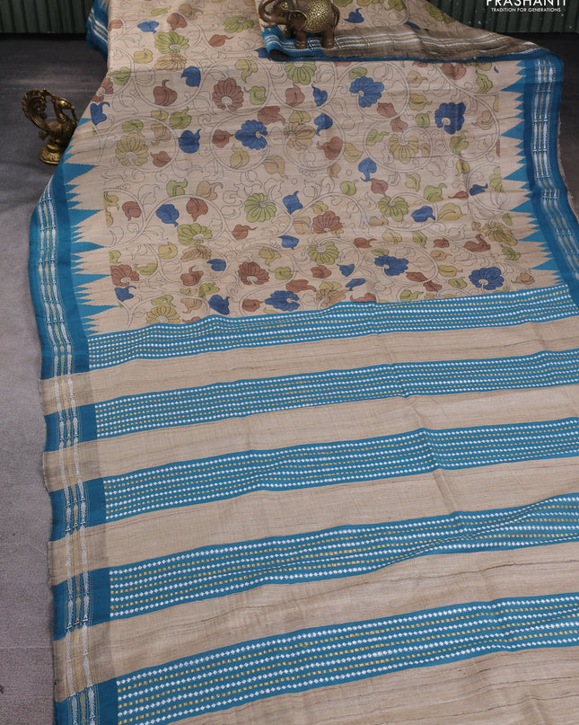 Pure tussar silk saree beige and teal blue with allover Kalamkari prints and vidharbha border