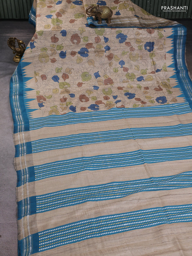 Pure tussar silk saree beige and teal blue with allover Kalamkari prints and vidharbha border