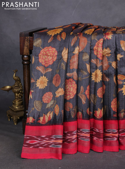Pure tussar silk saree elephant grey and red with allover digital prints and vidharbha border