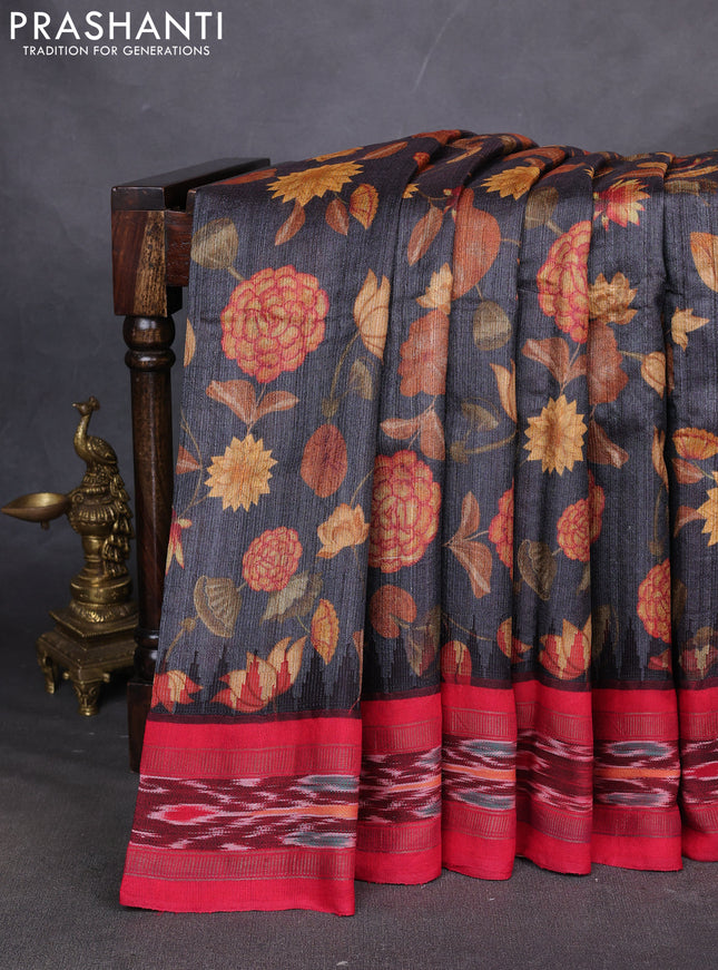 Pure tussar silk saree elephant grey and red with allover digital prints and vidharbha border