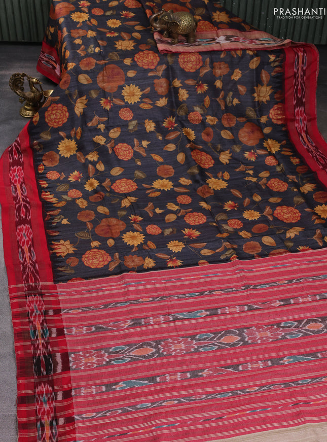 Pure tussar silk saree elephant grey and red with allover digital prints and vidharbha border