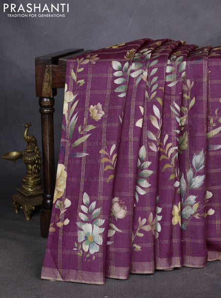 Pure tussar silk saree dark magenta pink with allover zari checks & buttas and zari woven border