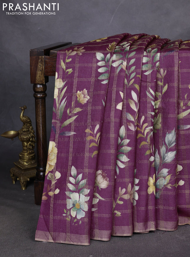 Pure tussar silk saree dark magenta pink with allover zari checks & buttas and zari woven border