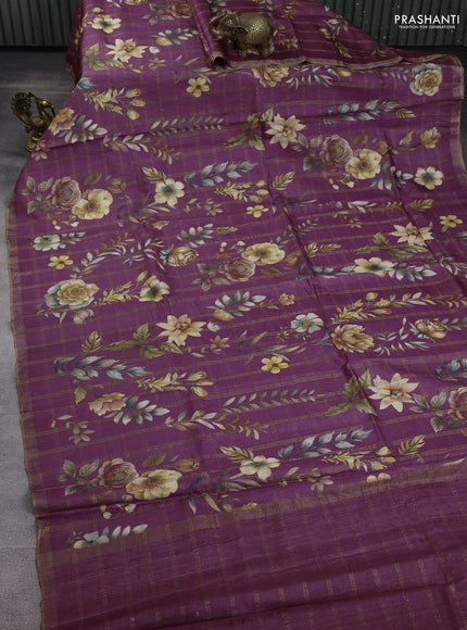 Pure tussar silk saree dark magenta pink with allover zari checks & buttas and zari woven border