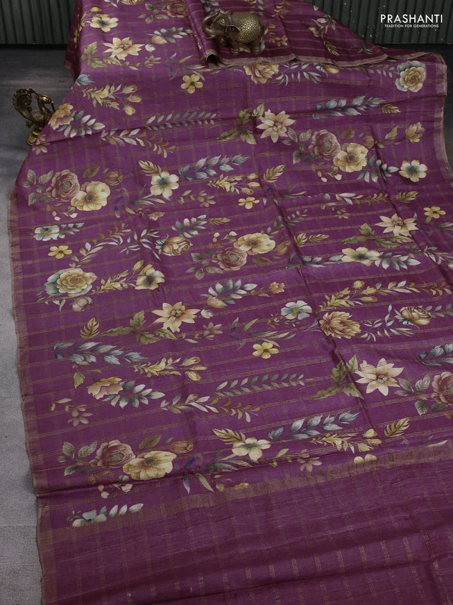 Pure tussar silk saree dark magenta pink with allover zari checks & buttas and zari woven border