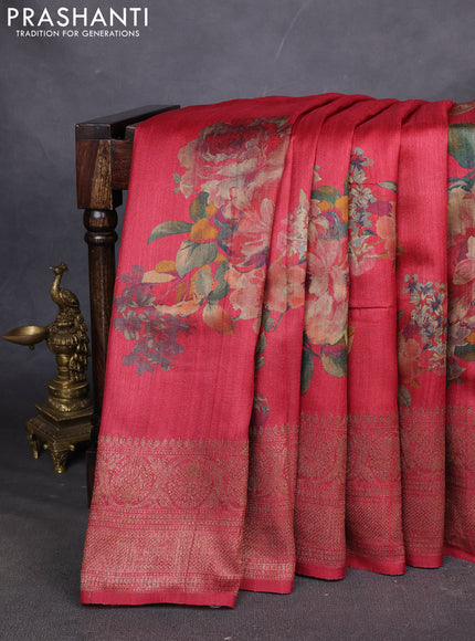 Banarasi tussar silk saree maroon with allover floral digital prints and banarasi style border