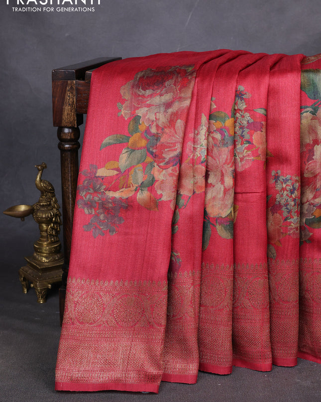 Banarasi tussar silk saree maroon with allover floral digital prints and banarasi style border