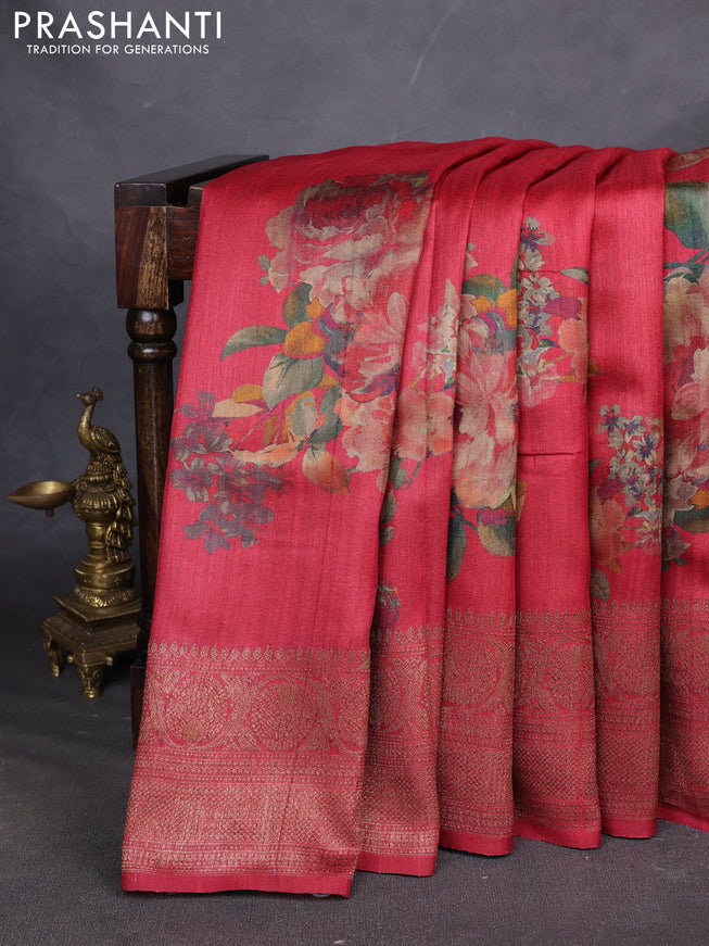 Banarasi tussar silk saree maroon with allover floral digital prints and banarasi style border
