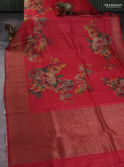 Banarasi tussar silk saree maroon with allover floral digital prints and banarasi style border