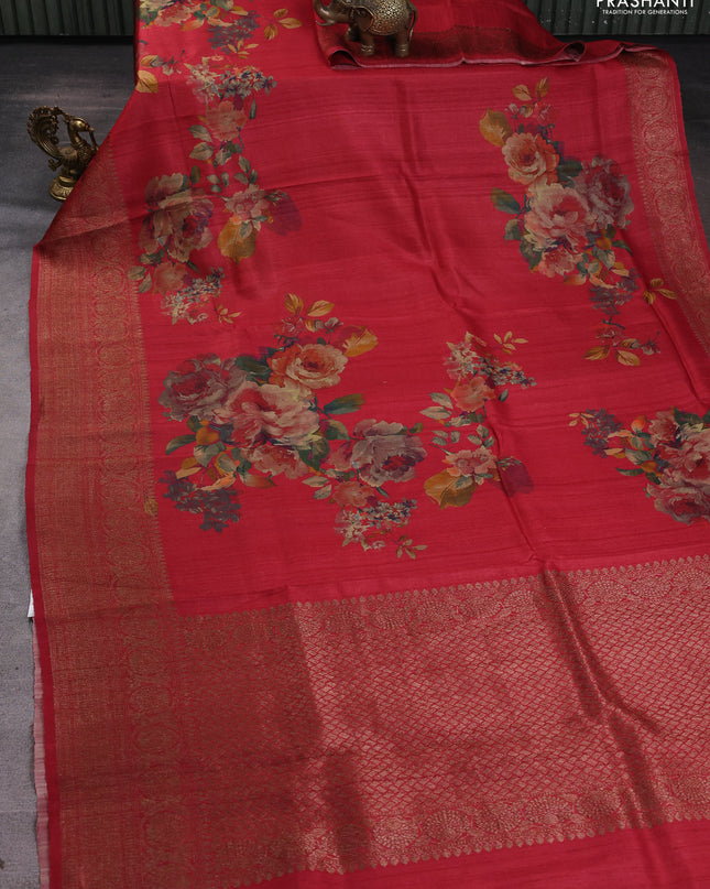 Banarasi tussar silk saree maroon with allover floral digital prints and banarasi style border
