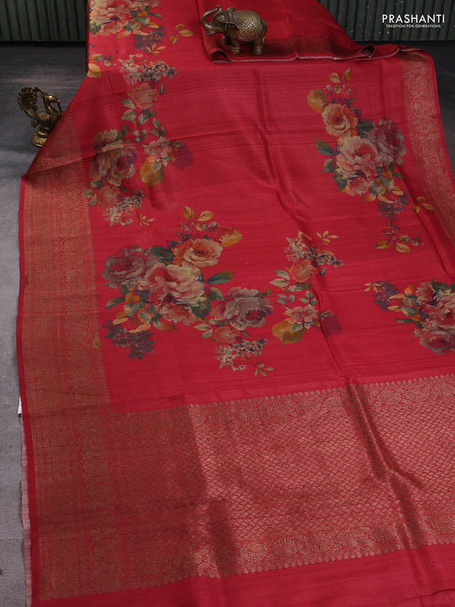 Banarasi tussar silk saree maroon with allover floral digital prints and banarasi style border