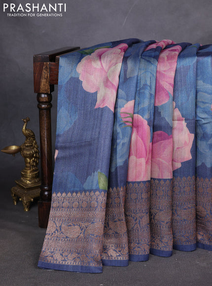 Banarasi tussar silk saree blue with allover floral digital prints and banarasi style border