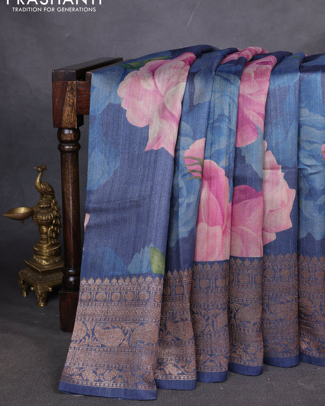Banarasi tussar silk saree blue with allover floral digital prints and banarasi style border