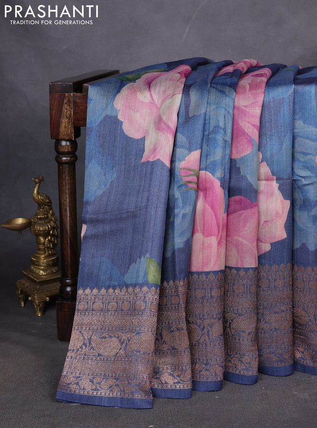 Banarasi tussar silk saree blue with allover floral digital prints and banarasi style border