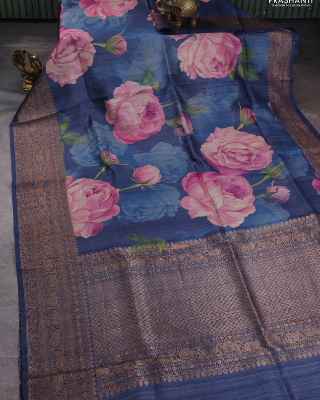Banarasi tussar silk saree blue with allover floral digital prints and banarasi style border