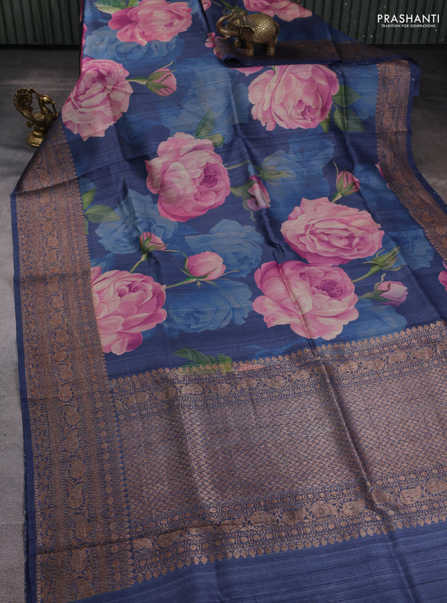 Banarasi tussar silk saree blue with allover floral digital prints and banarasi style border