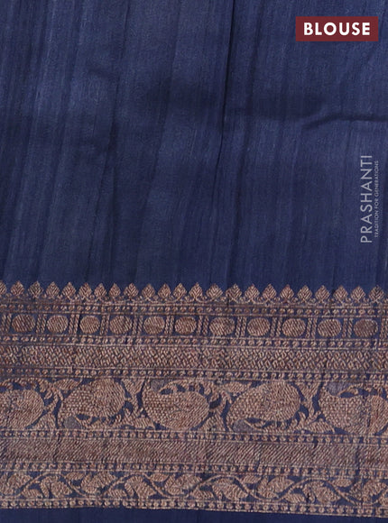 Banarasi tussar silk saree blue with allover floral digital prints and banarasi style border
