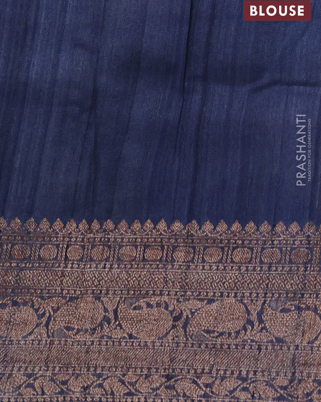 Banarasi tussar silk saree blue with allover floral digital prints and banarasi style border