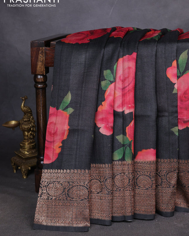 Banarasi tussar silk saree elephant grey with allover floral digital prints and banarasi style border