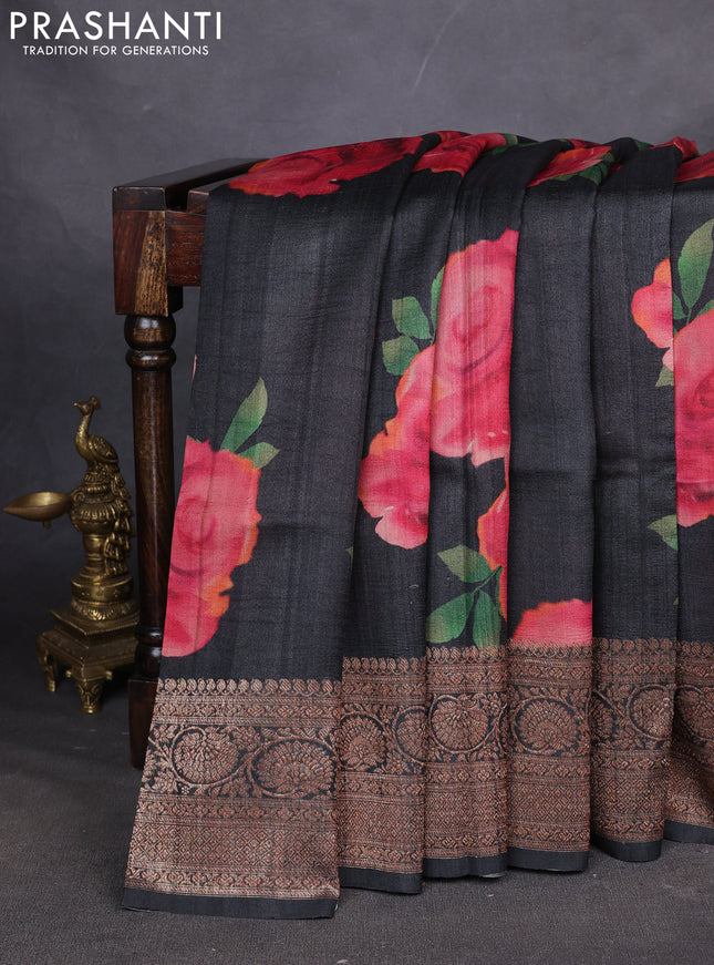 Banarasi tussar silk saree elephant grey with allover floral digital prints and banarasi style border
